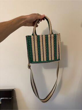 H&M Beige and Green Striped Woven Crossbody Bag